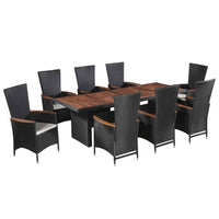 vidaXL 9 pcs conjunto jantar exterior com almofadões vime PE preto