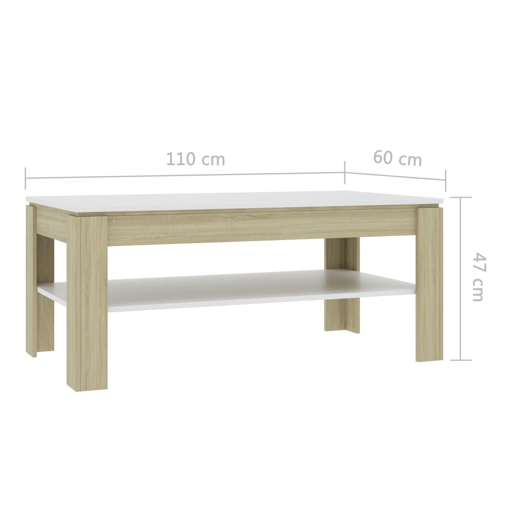 vidaXL Mesa de centro 110x60x47 cm contrapl. branco e carvalho sonoma