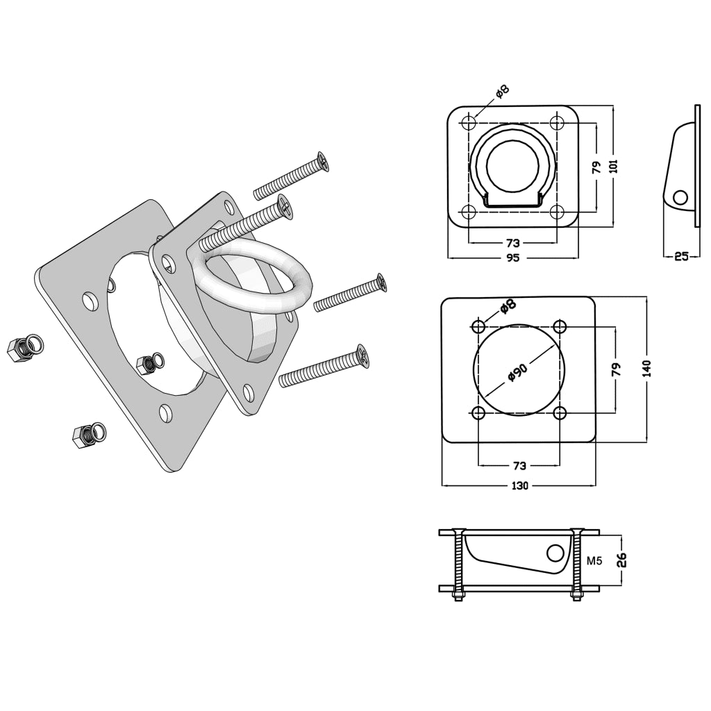 Anéis de fixação para atrelados 6 pcs aço galvanizado 2000 kg