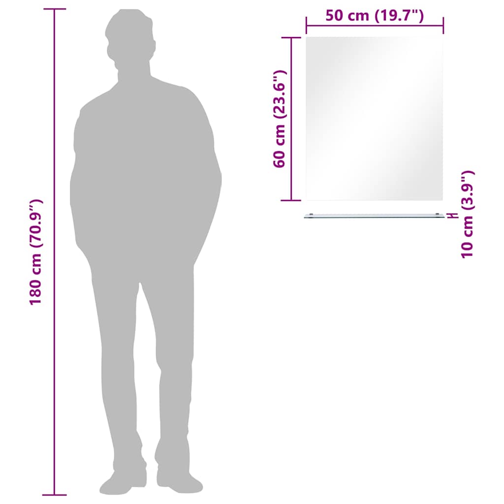 vidaXL Espelho de parede c/ prateleira vidro temperado 50x60 cm