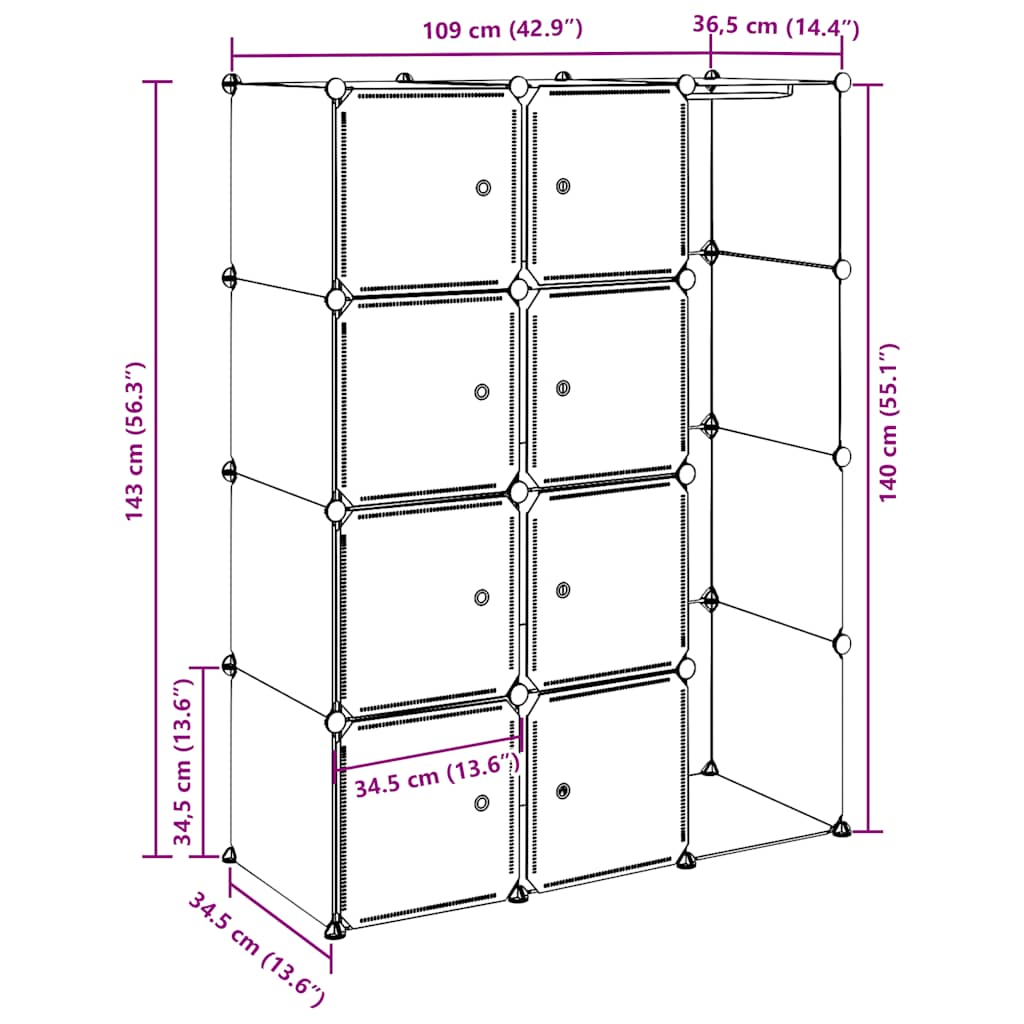 vidaXL Armário plástico modular 9 gavetas 109x36,5x143 cm preto branco