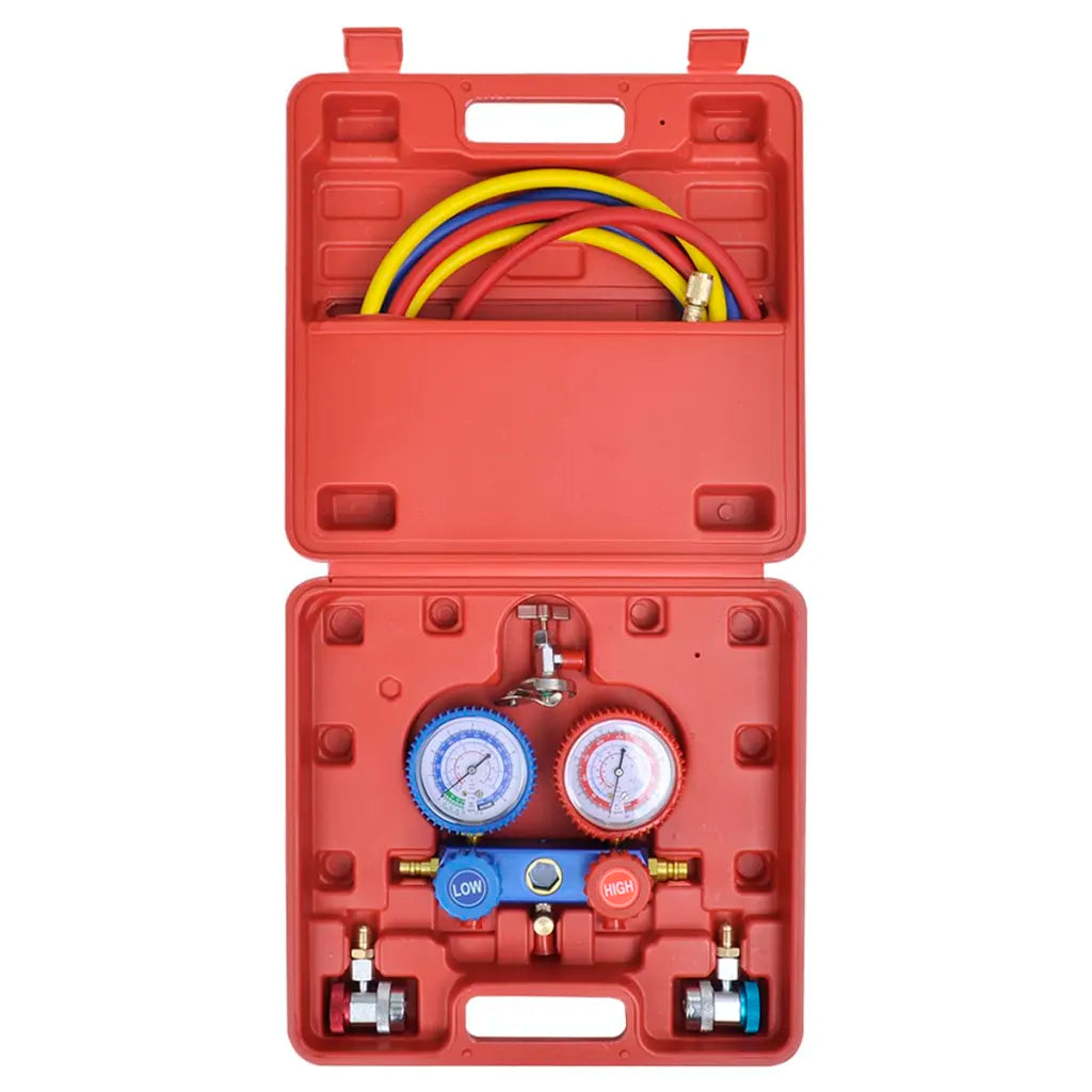 Conjunto manómetro colector 2 formas num kit de ferramentas