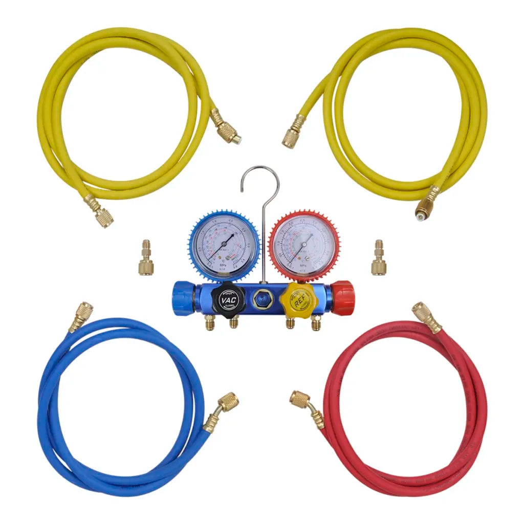 Conjunto manómetro colector 4 formas num estojo de ferramentas