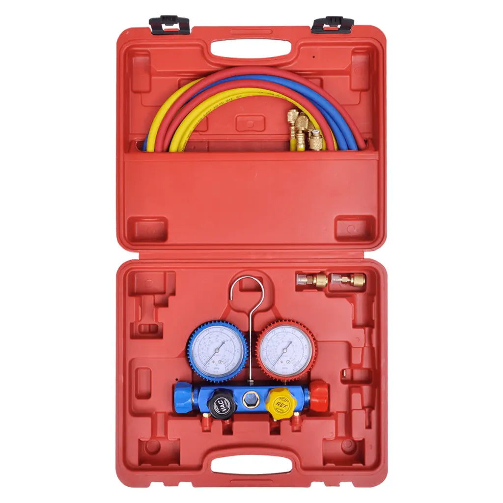 Conjunto manómetro colector 4 formas num estojo de ferramentas