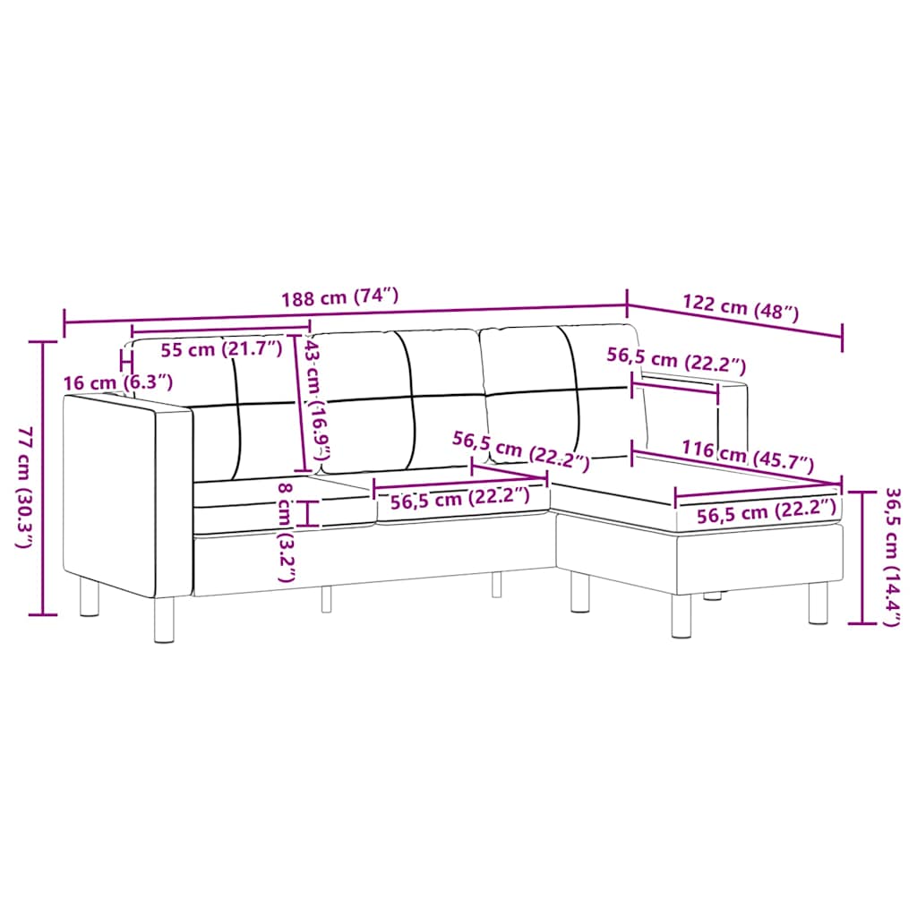 vidaXL Sofá secional de 3 lugares couro artificial preto