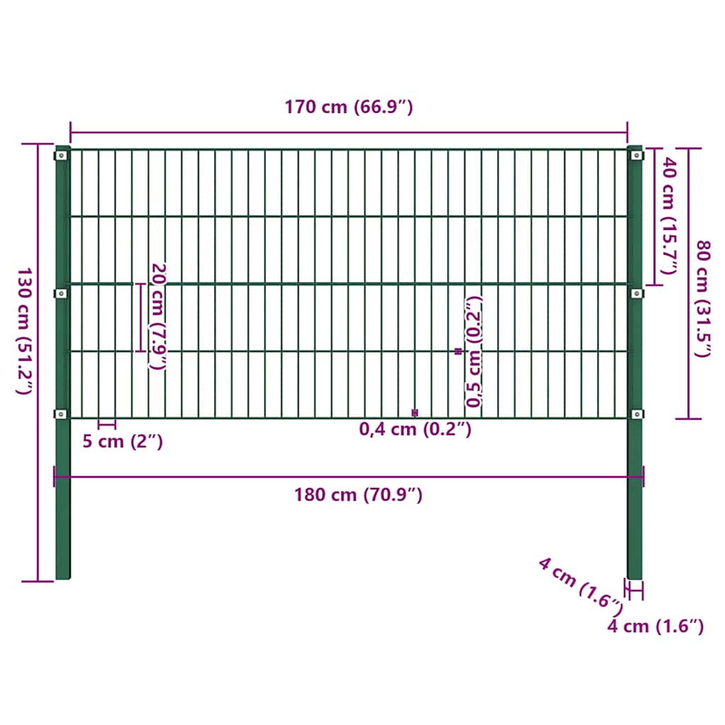 vidaXL Painel de vedação com postes de ferro 176,5x80 cm verde