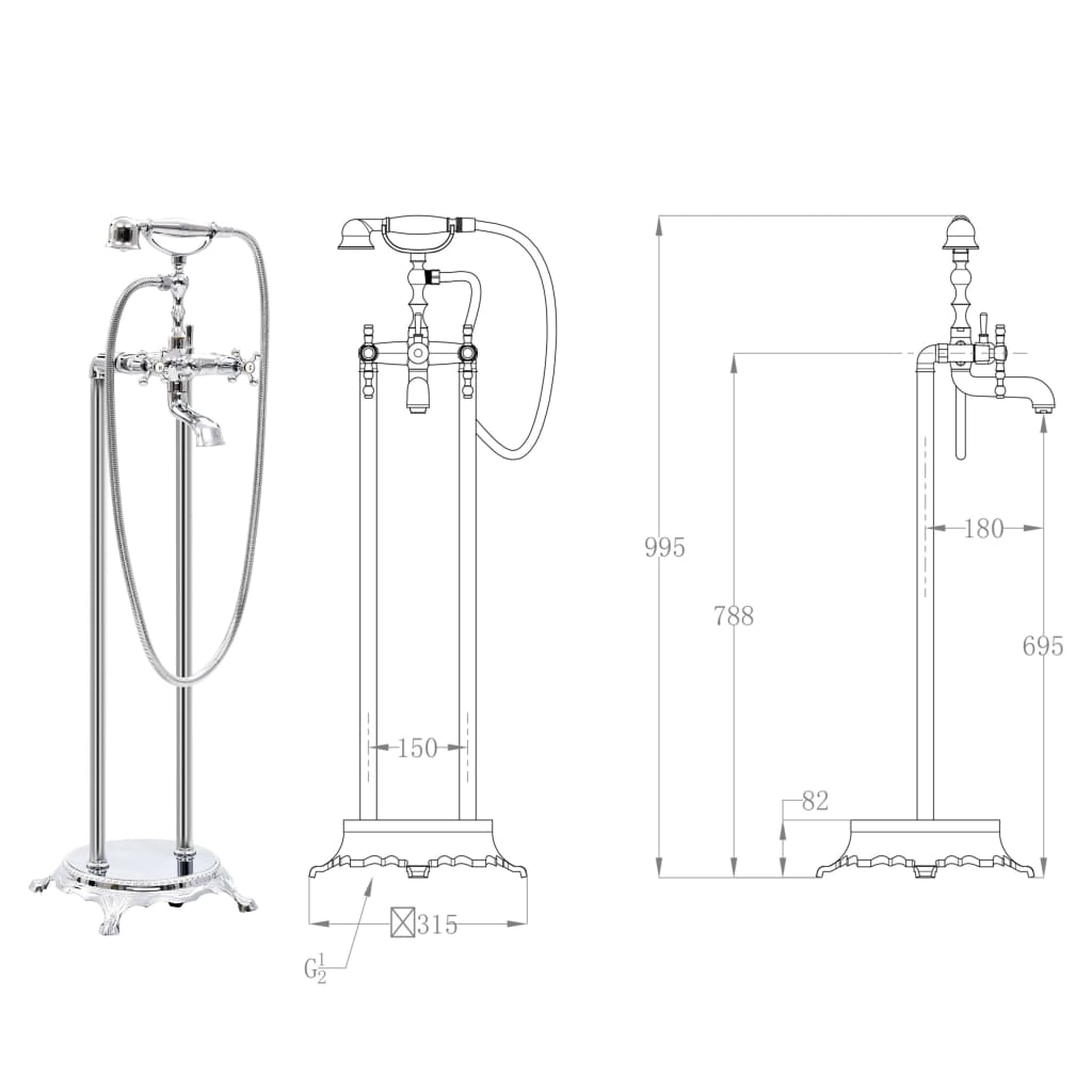 vidaXL Torneira de pé para banheira aço inoxidável 99,5 cm prateado