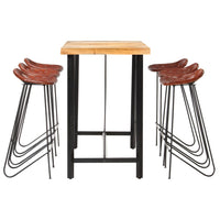 vidaXL 7 pcs conjunto de bar madeira maciça e couro genuíno