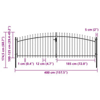 vidaXL Portão de cerca com porta dupla e topo em lanças 400x175 cm