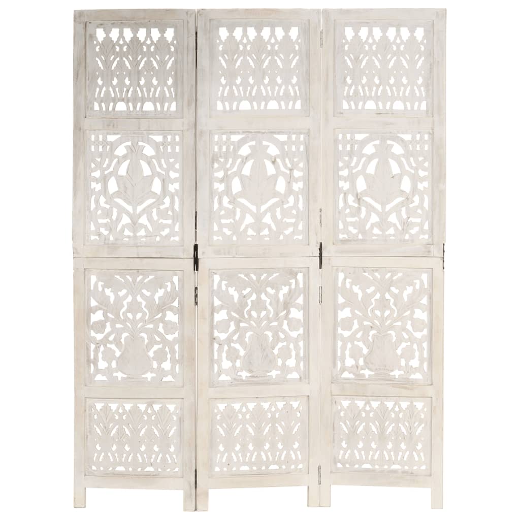 vidaXL Biombo esculp. mão 3 painéis 120x165 cm mangueira maciça branco