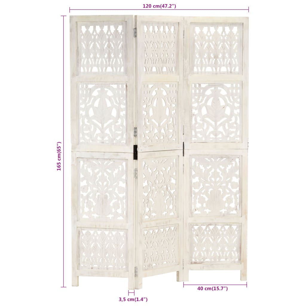 vidaXL Biombo esculp. mão 3 painéis 120x165 cm mangueira maciça branco