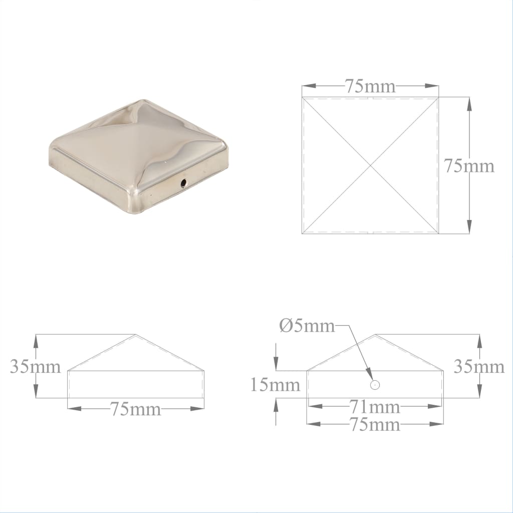 vidaXL Tampas piramidais p/ postes vedação 6pcs aço inoxidável 71x71mm