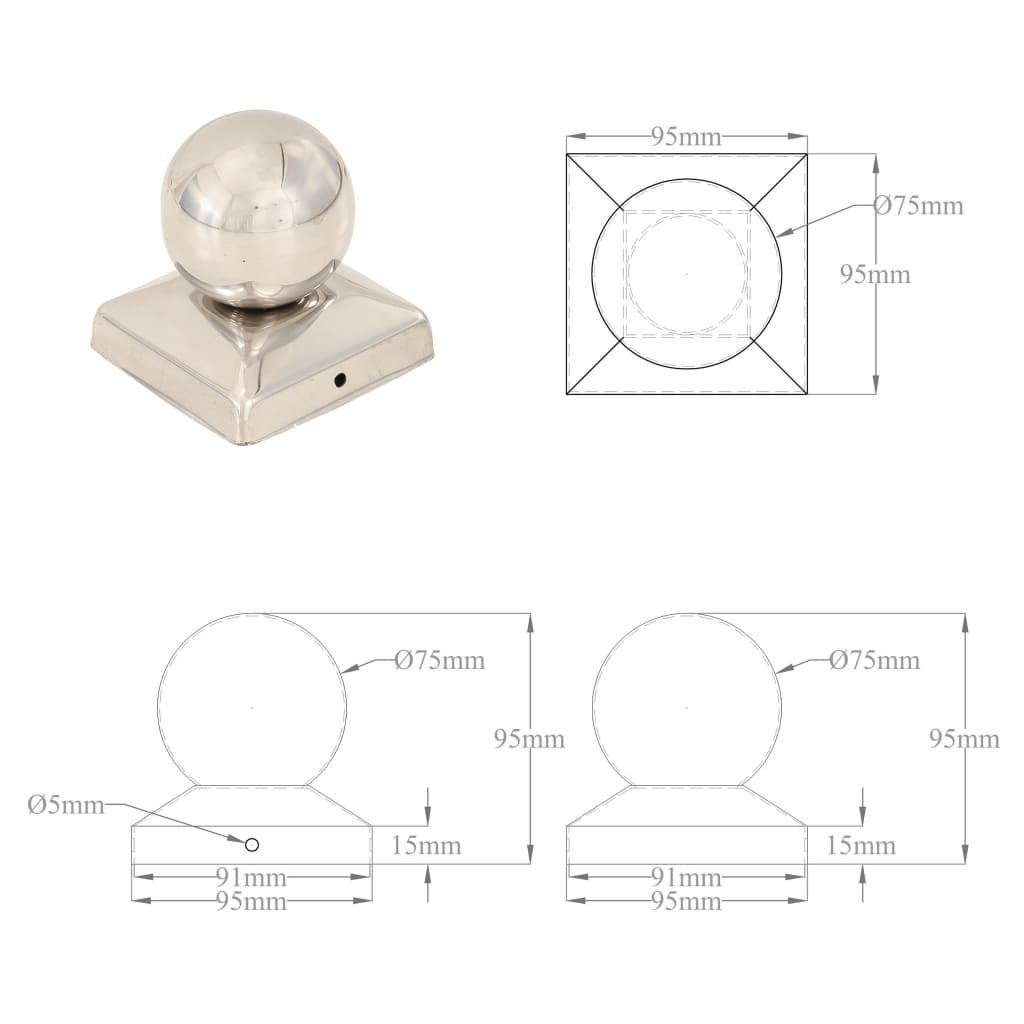 vidaXL Tampas em globo p/ postes vedação 6 pcs aço inoxidável 91x91mm