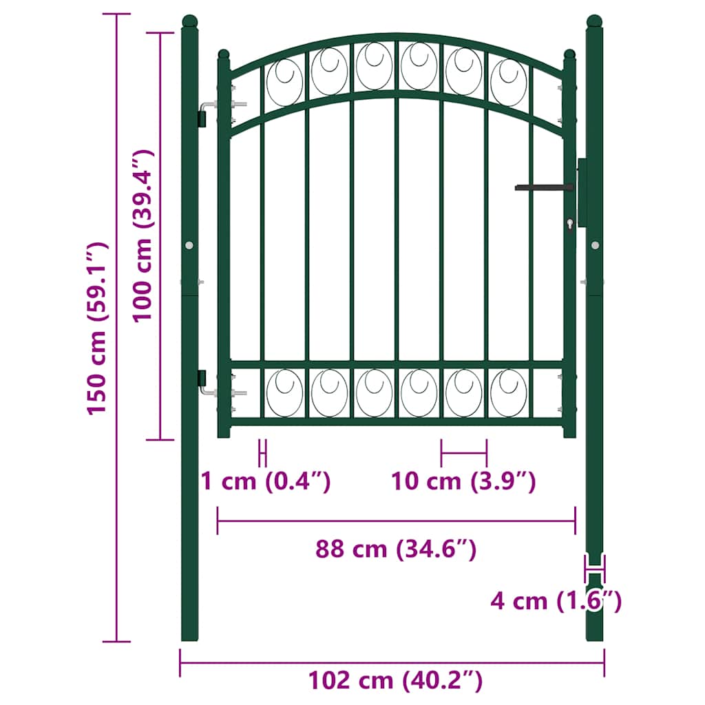 vidaXL Portão para cerca com topo arqueado 100x100 cm aço verde