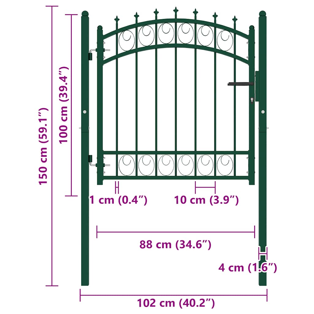 vidaXL Portão para cerca com espetos 100x100 cm aço verde