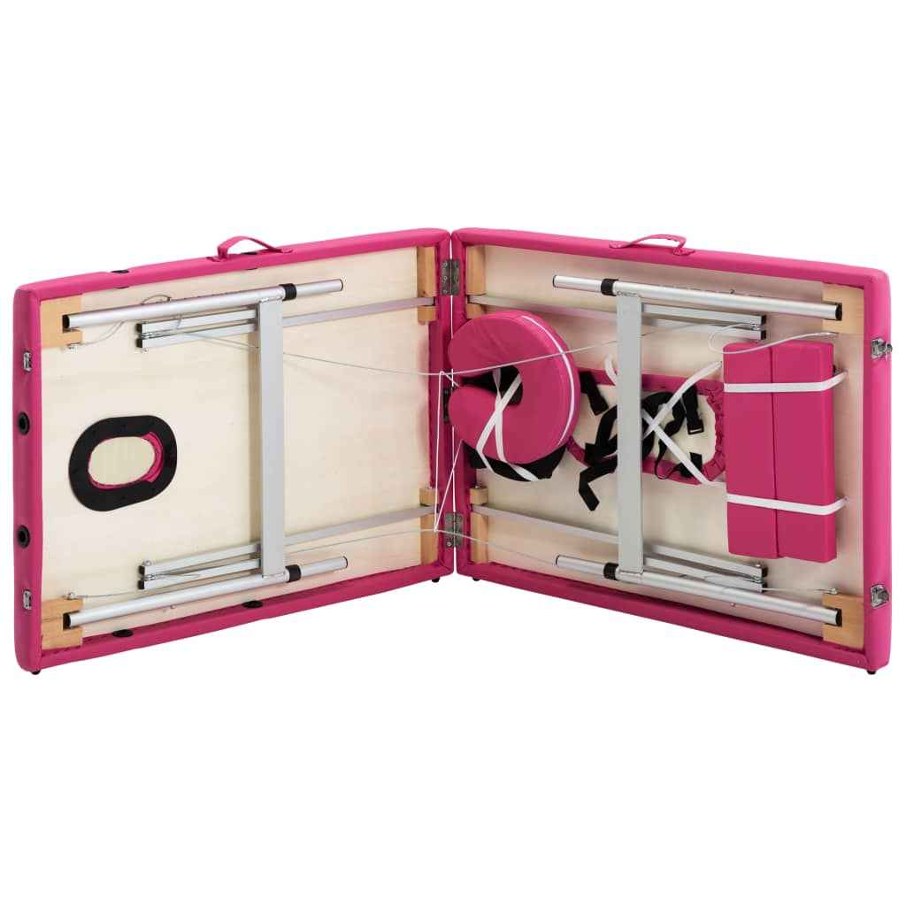 vidaXL Mesa de massagens dobrável 2 zonas alumínio rosa