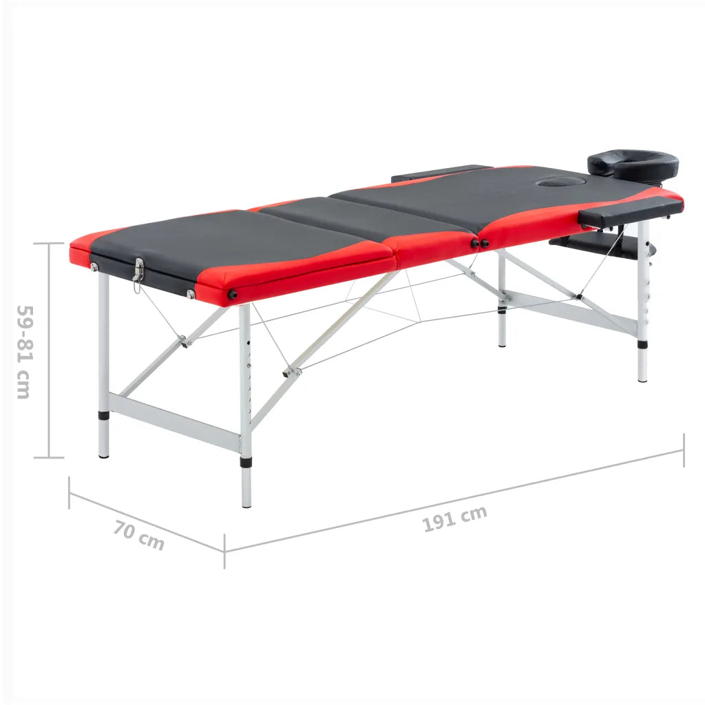 Mesa de massagem dobrável 3 zonas alumínio  e vermelho