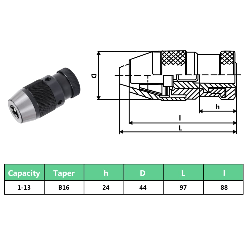 vidaXL Porta-brocas de libertação rápida MT2-B16 13 mm de aperto