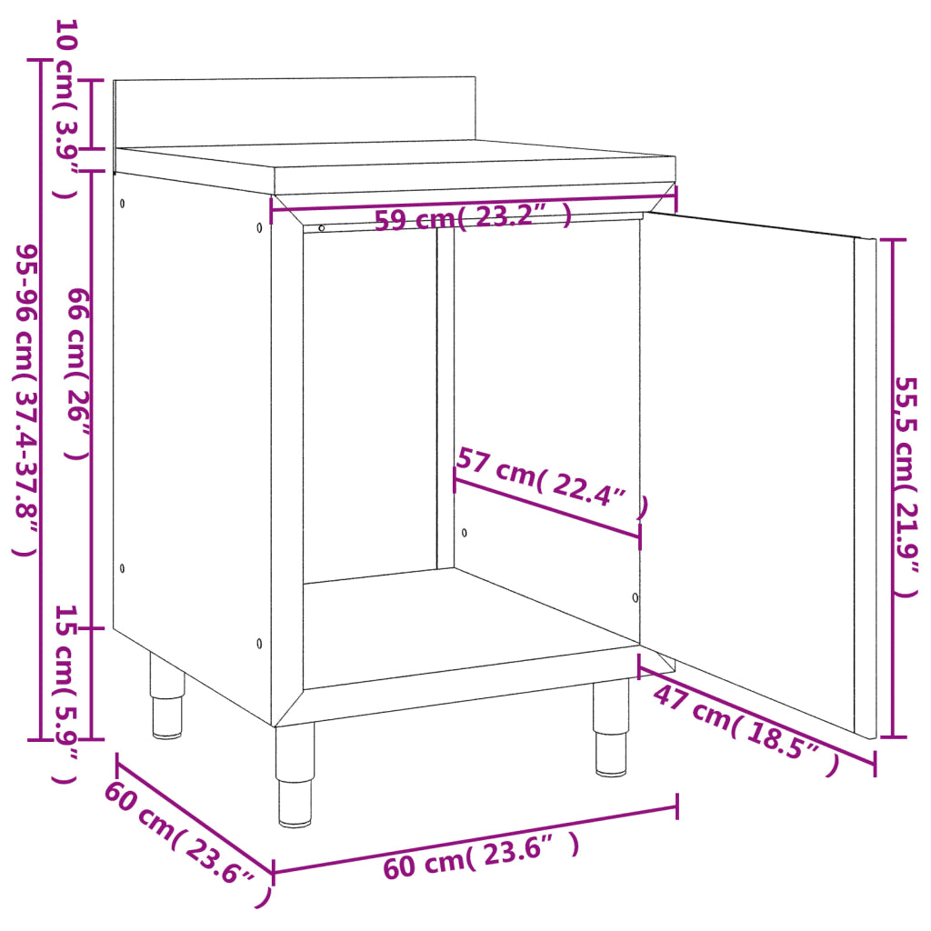 Mesa de trabalho comercial c/ armário 60x60x96cm aço inoxidável