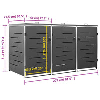 Abrigo triplo para caixotes do lixo 207x77,5x112,5 cm aço inox