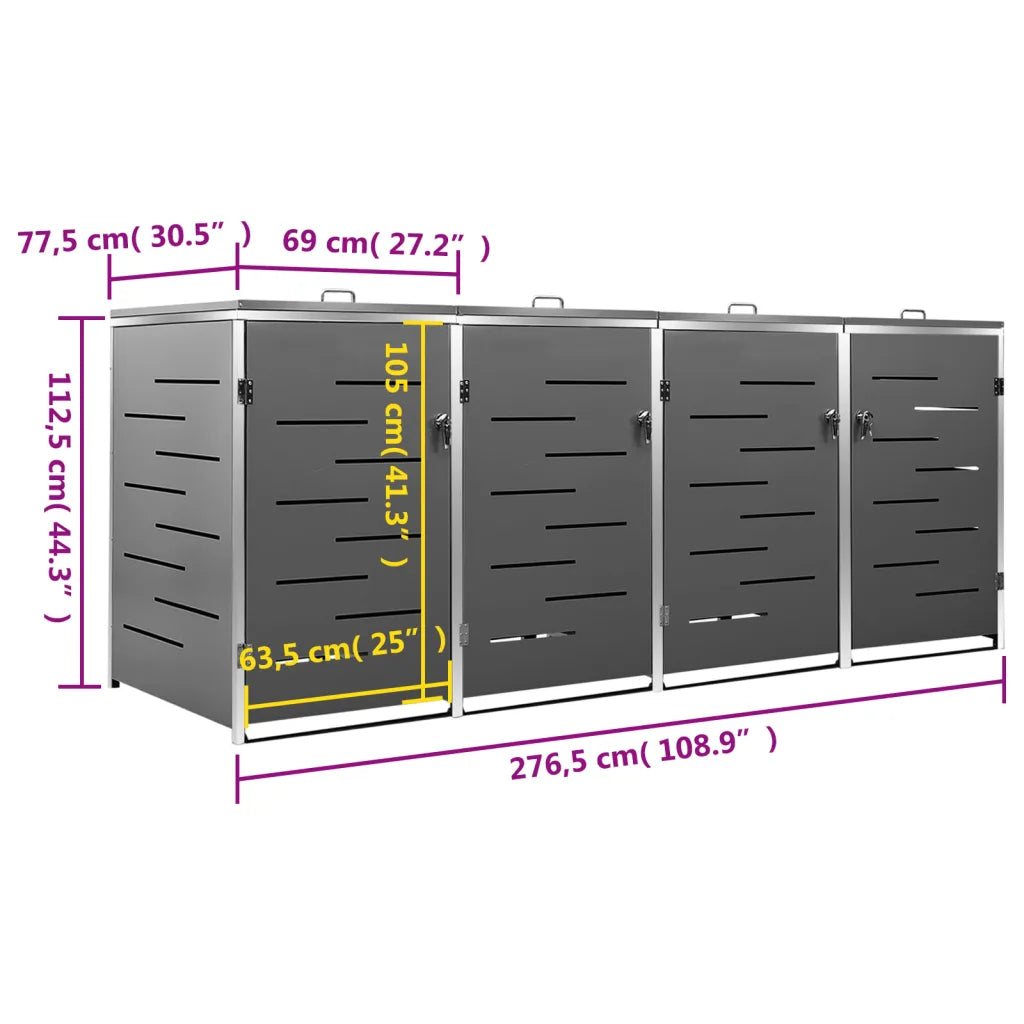 Abrigo quádruplo para caixotes do lixo 276,5x77,5x112,5 cm aço