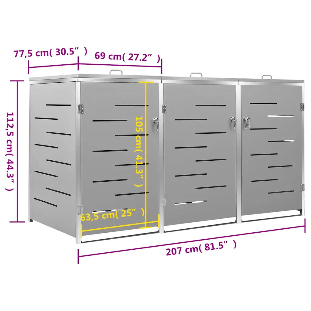 Abrigo triplo para caixotes do lixo 207x77,5x112,5 cm aço inox