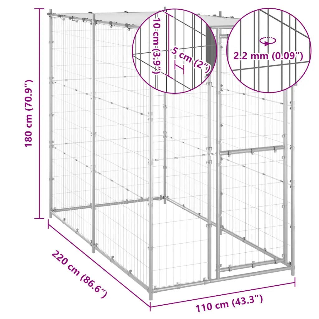 Canil de exterior com telhado 110x220x180 cm aço galvanizado