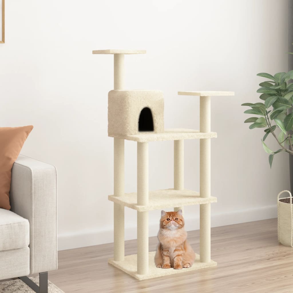 vidaXL Árvore para gatos c/ postes arranhadores sisal 118,5 cm creme
