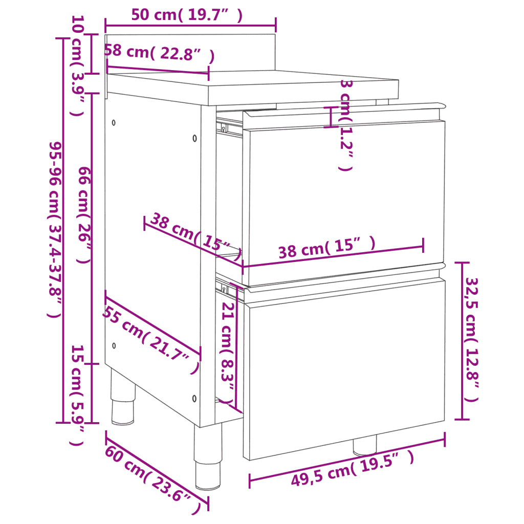 Armário de cozinha comercial com 2 gavetas 50x60x96 cm