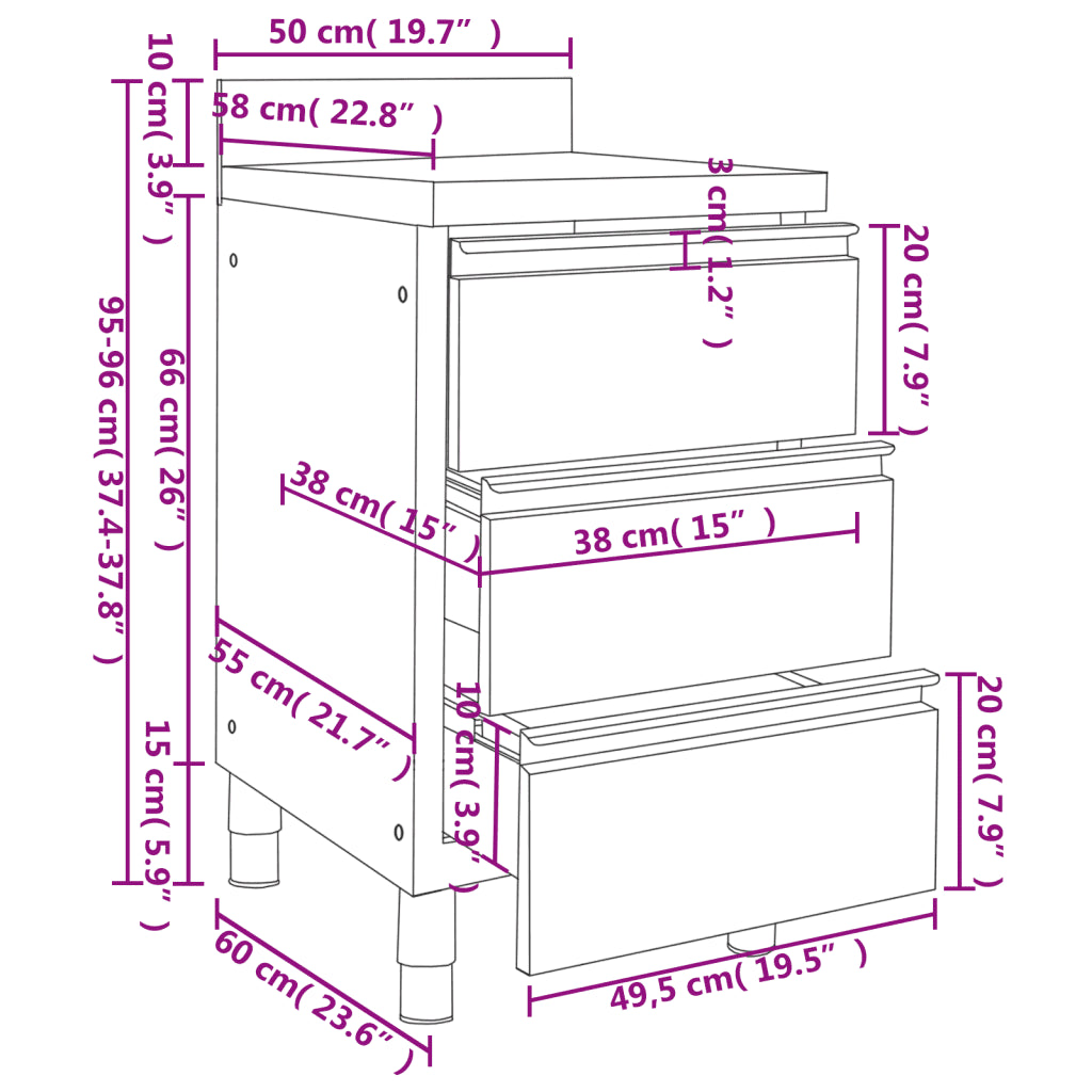 Armário de cozinha comercial com 3 gavetas 50x60x96 cm