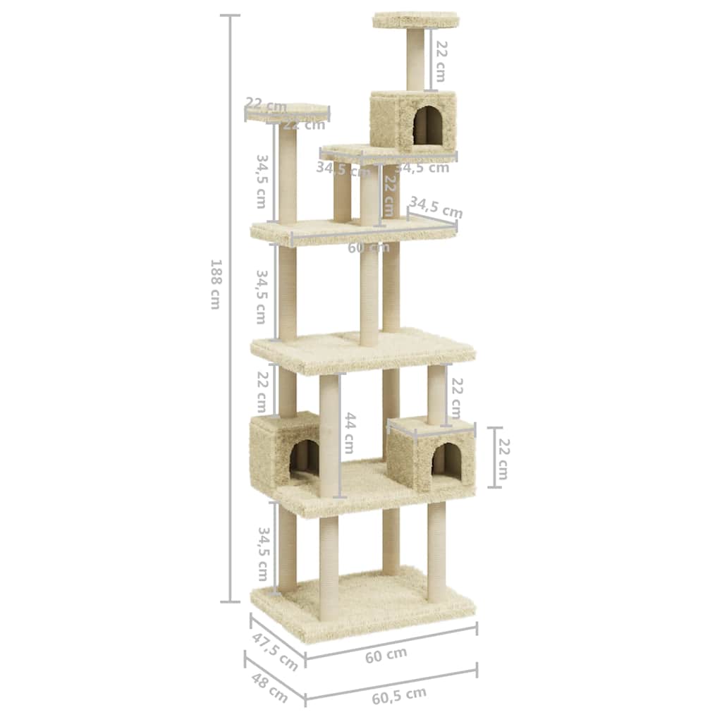 vidaXL Árvore para gatos c/ postes arranhadores sisal 188 cm cor creme