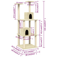 vidaXL Árvore para gatos c/ postes arranhadores sisal 141 cm cor creme