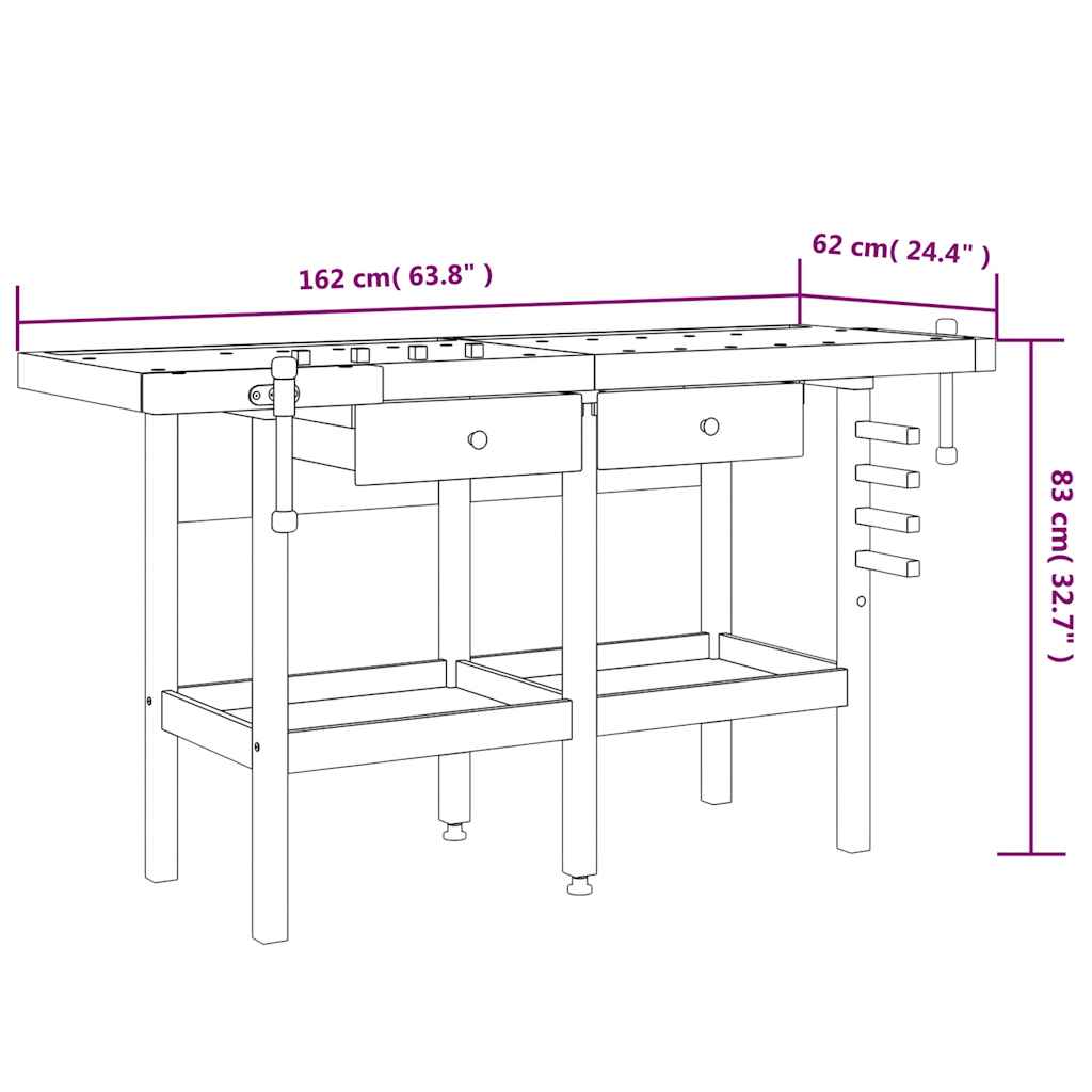 vidaXL Bancada de trabalho + gavetas/tornos 162x62x83 cm acácia maciça