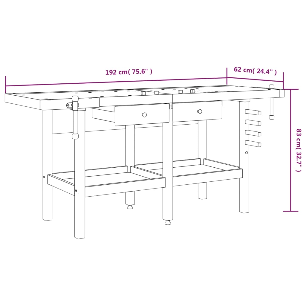 vidaXL Bancada de trabalho + gavetas/tornos 192x62x83 cm acácia maciça