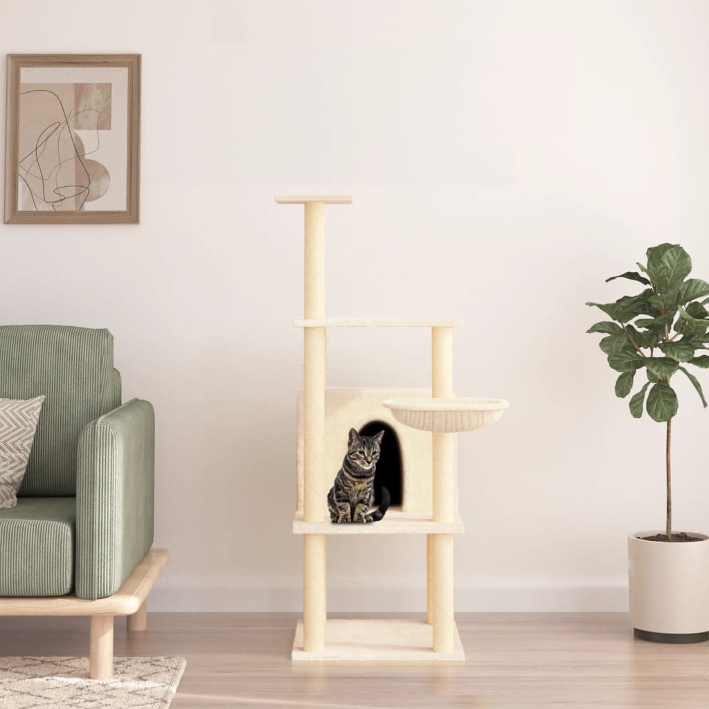 vidaXL Árvore p/ gatos c/ postes arranhadores sisal 132 cm cor creme