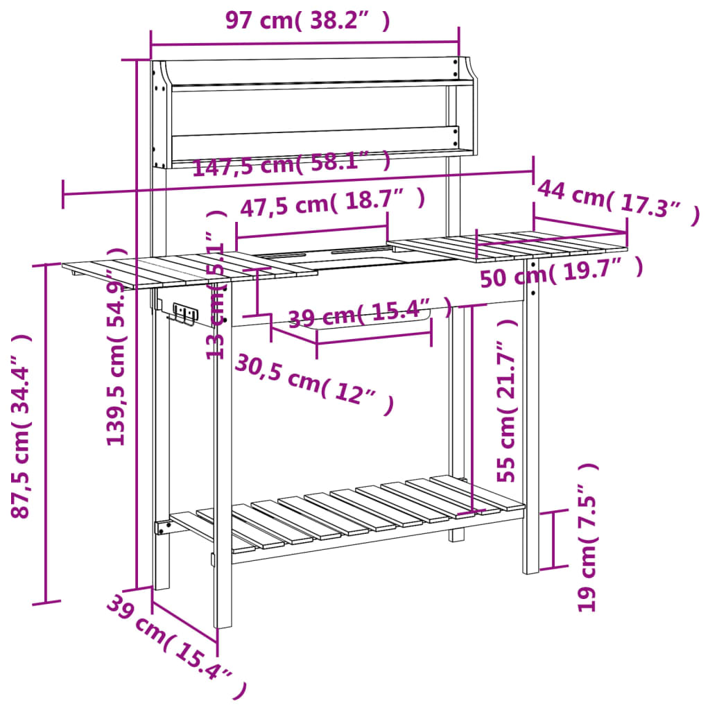vidaXL Mesa de cultivo com pia 147,5x44x139,5 cm abeto maciço