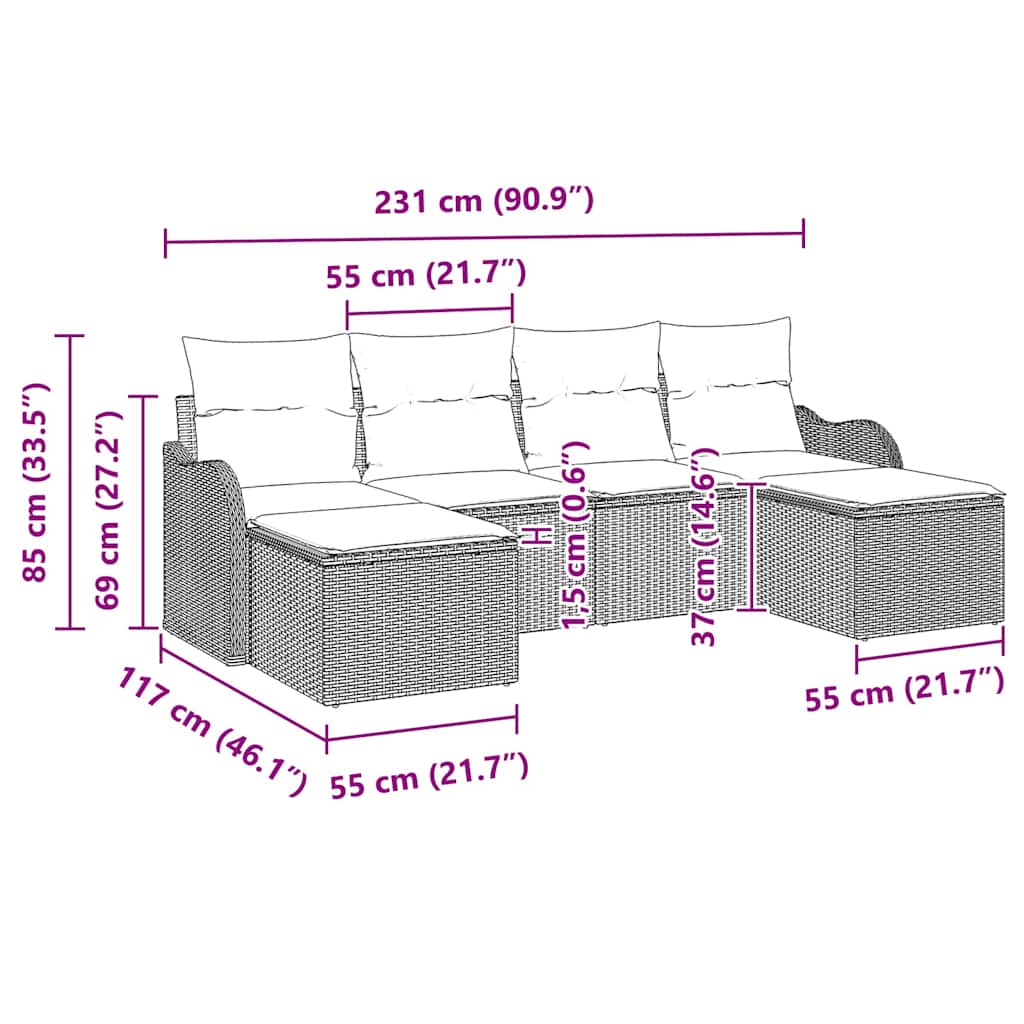 vidaXL Conjunto de Sofá de Jardim 6 pcs Preto Rattan Sintético