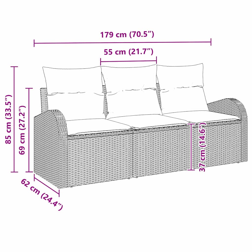 vidaXL Conjunto de Sofá de Jardim 3 pcs Preto Rattan Sintético