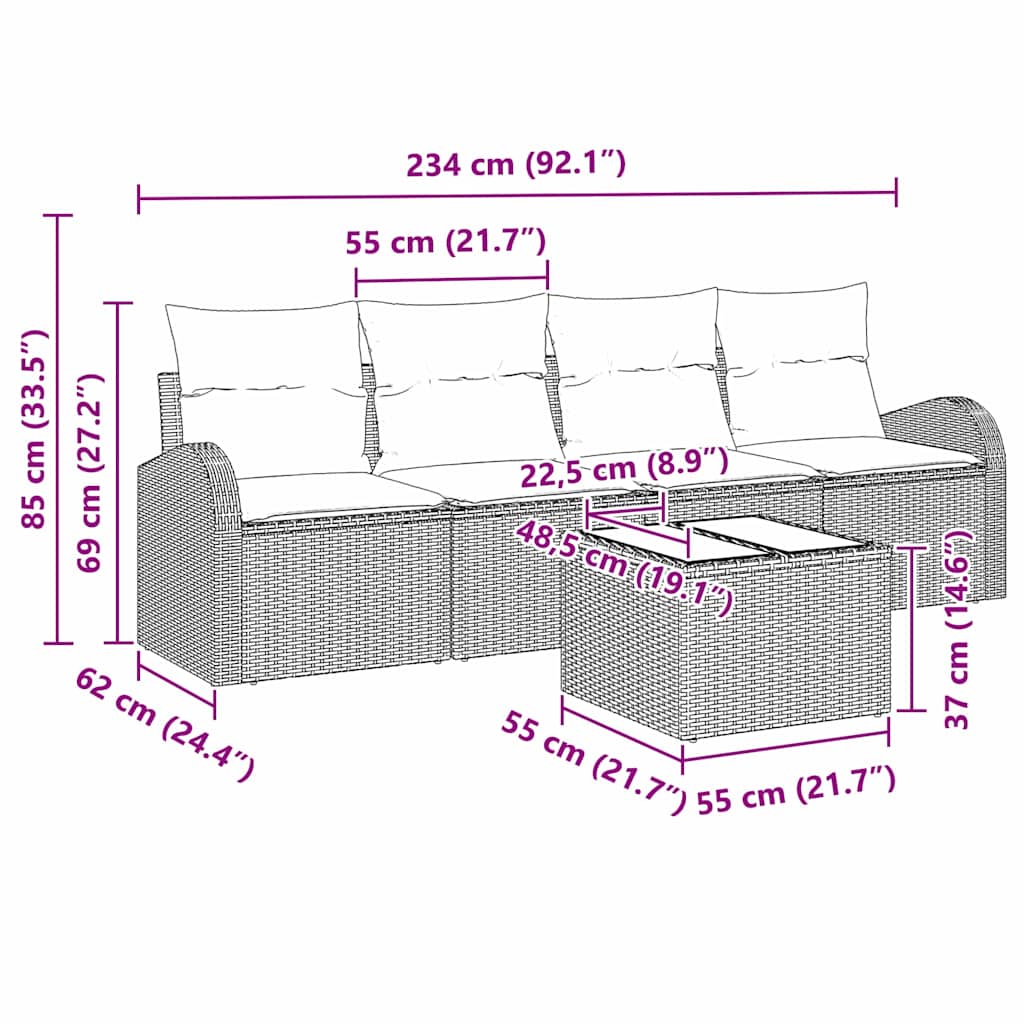 vidaXL Conjunto de Sofá de Jardim Preto 55 x 55 x 37 cm vime PE