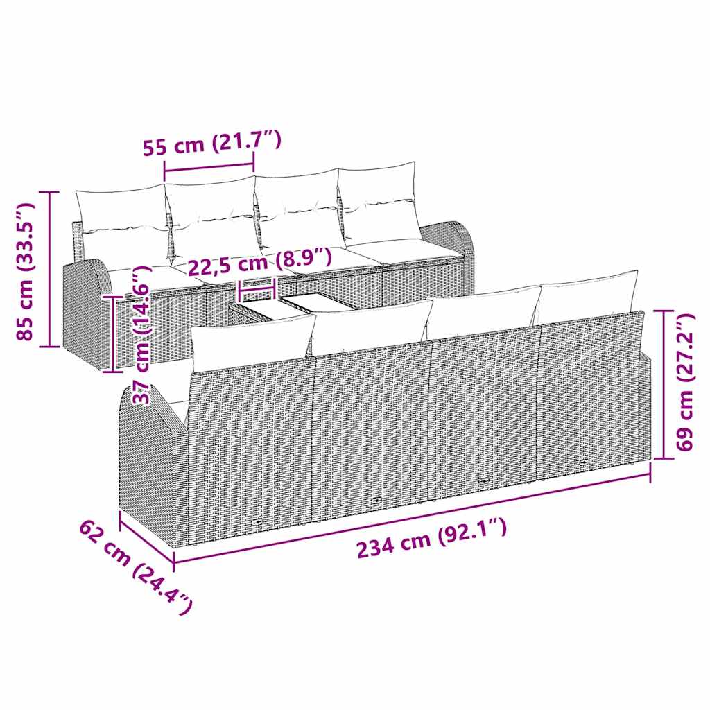 vidaXL Conjunto de Sofá de Jardim Preto 55 x 55 x 37 cm vime PE