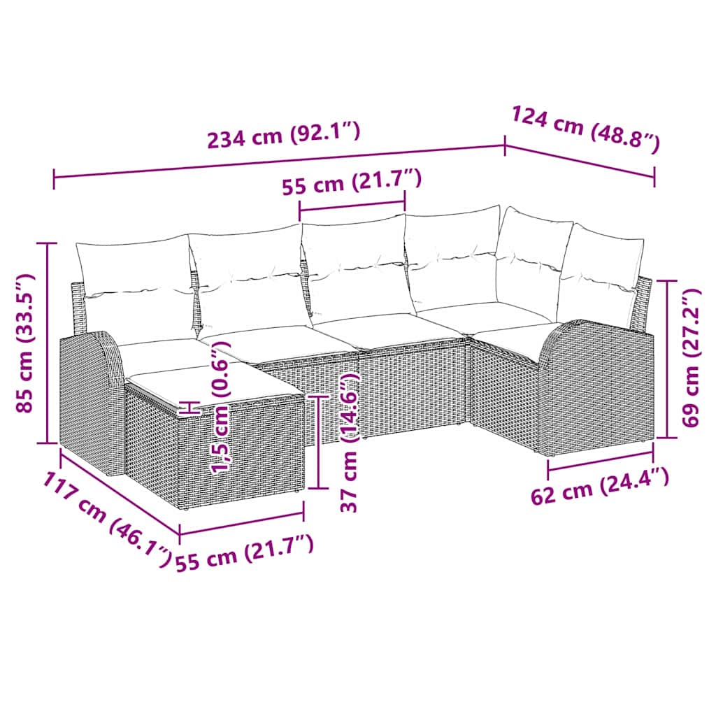 vidaXL Conjunto de Sofá de Jardim 6 pcs Preto vime PE