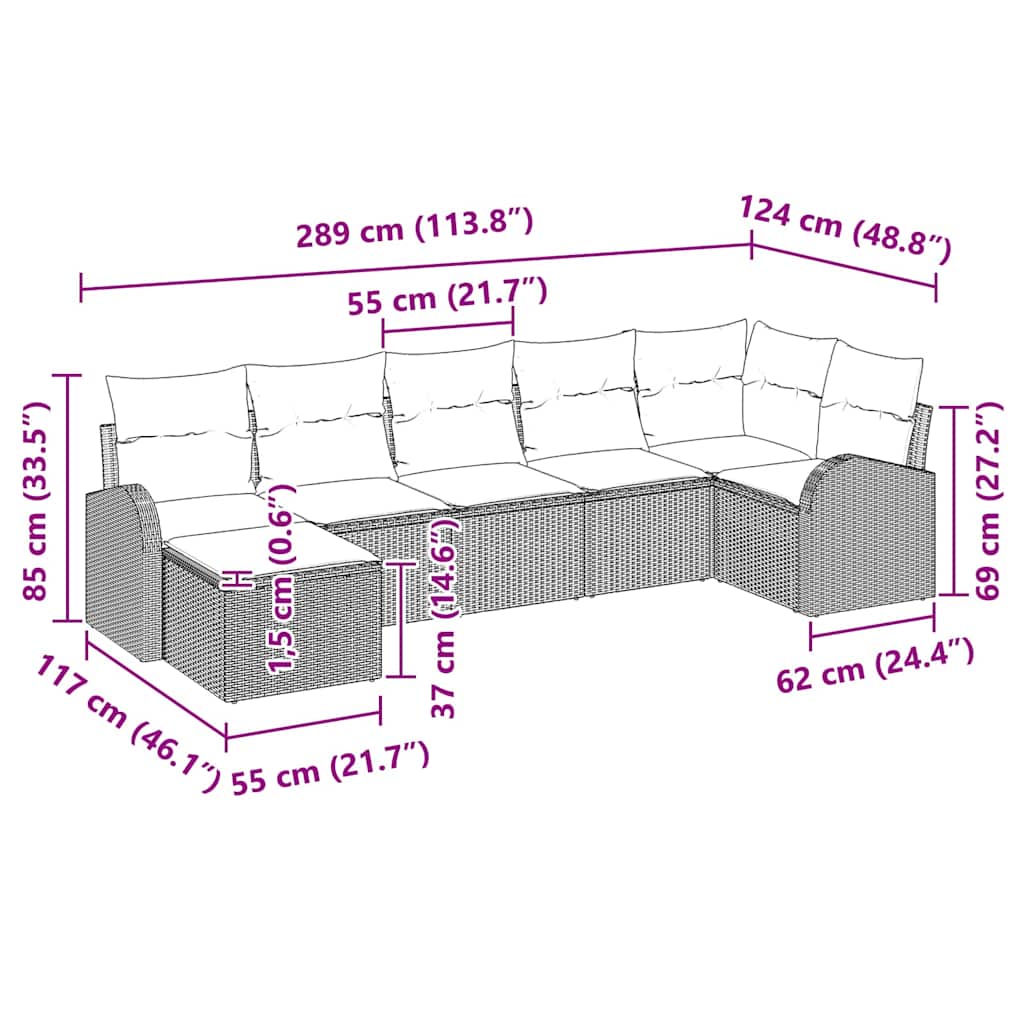 vidaXL Conjunto de Sofá de Jardim 7 pcs Preto Rattan Sintético