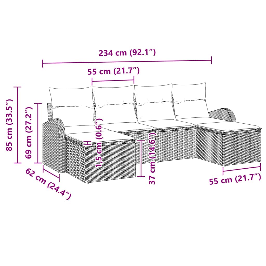 vidaXL Conjunto de Sofá de Jardim 6 pcs Preto Rattan de Polipropileno