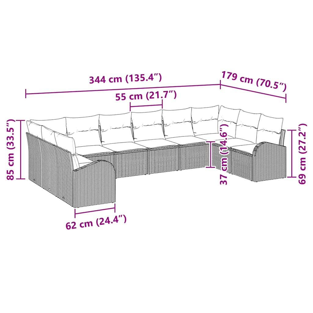 vidaXL Conjunto de Sofás com almofada 10 pcs Preto Polirattan