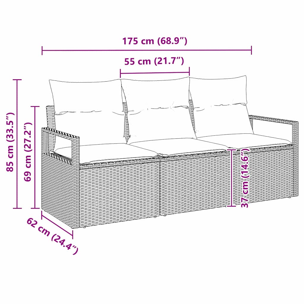 vidaXL Conjunto de Sofás 3 pcs Preto vime PE