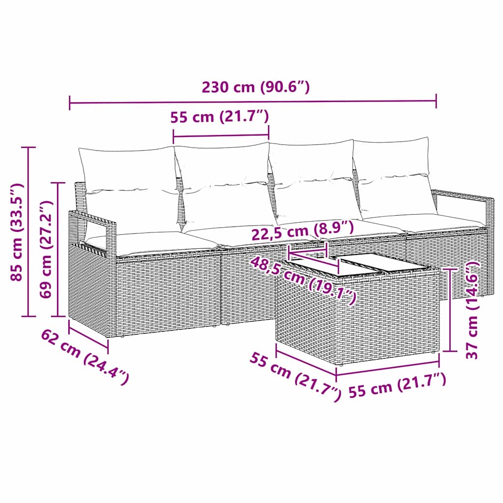 vidaXL Conjunto de Sofás 5 pcs Preto e Creme vime PE