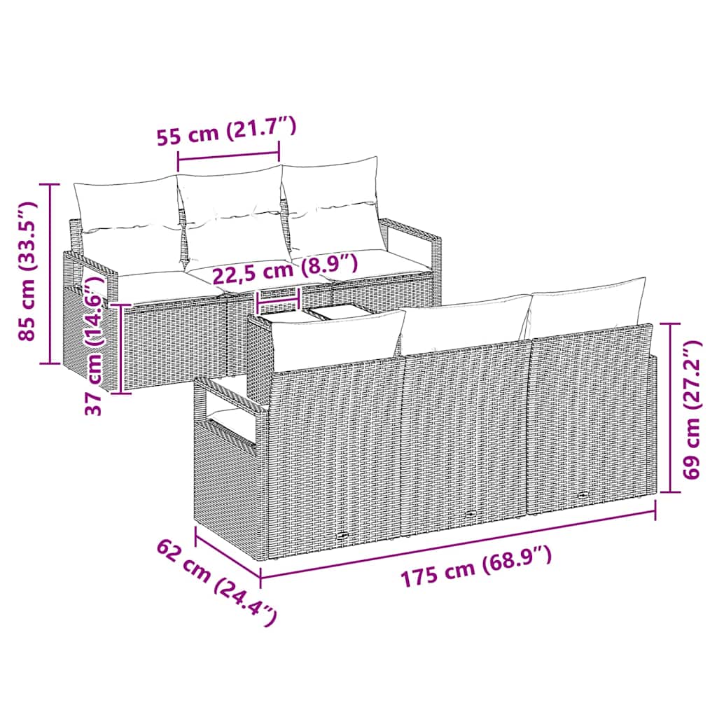 vidaXL Conjunto de Sofás 7 pcs Preto e Creme vime PE