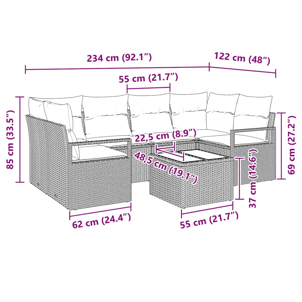 vidaXL Conjunto de Sofás 7 pcs Preto e Creme vime PE