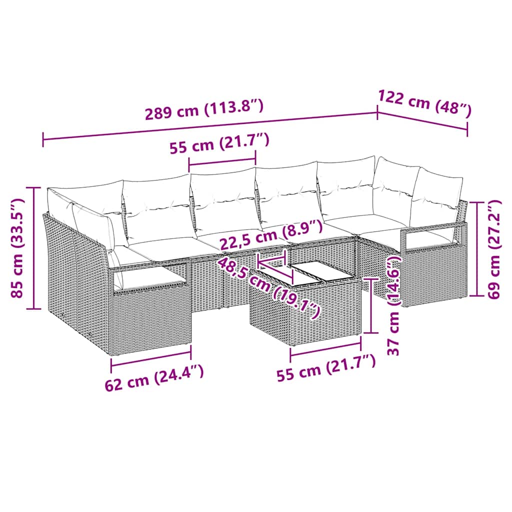 vidaXL Conjunto de Sofás 8 pcs Preto e Creme vime PE