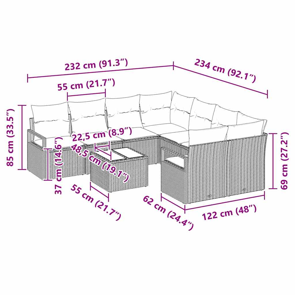 vidaXL Conjunto de Sofás com almofada 9 pcs Preto e Creme vime PE